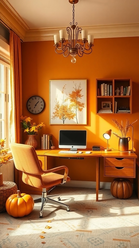 A cozy home office with amber walls, a wooden desk, and autumn-themed decor.