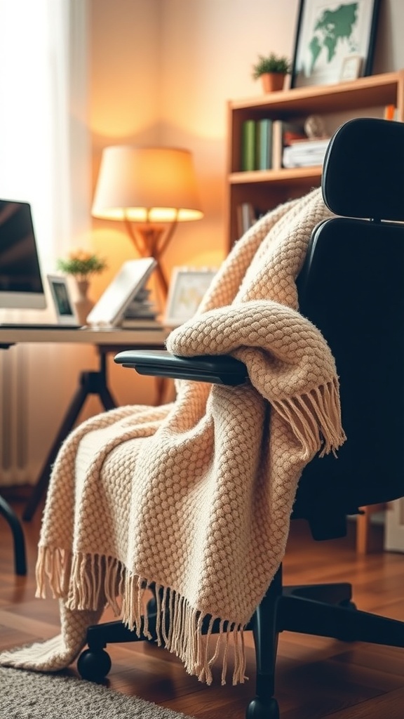 A cozy textured throw blanket draped over a chair in a warm home office setting.
