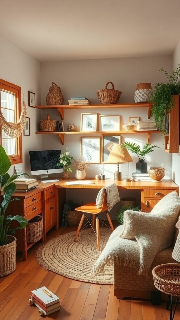 A cozy home office with wooden furniture, plants, and warm textures, reflecting a cozy autumn aesthetic.