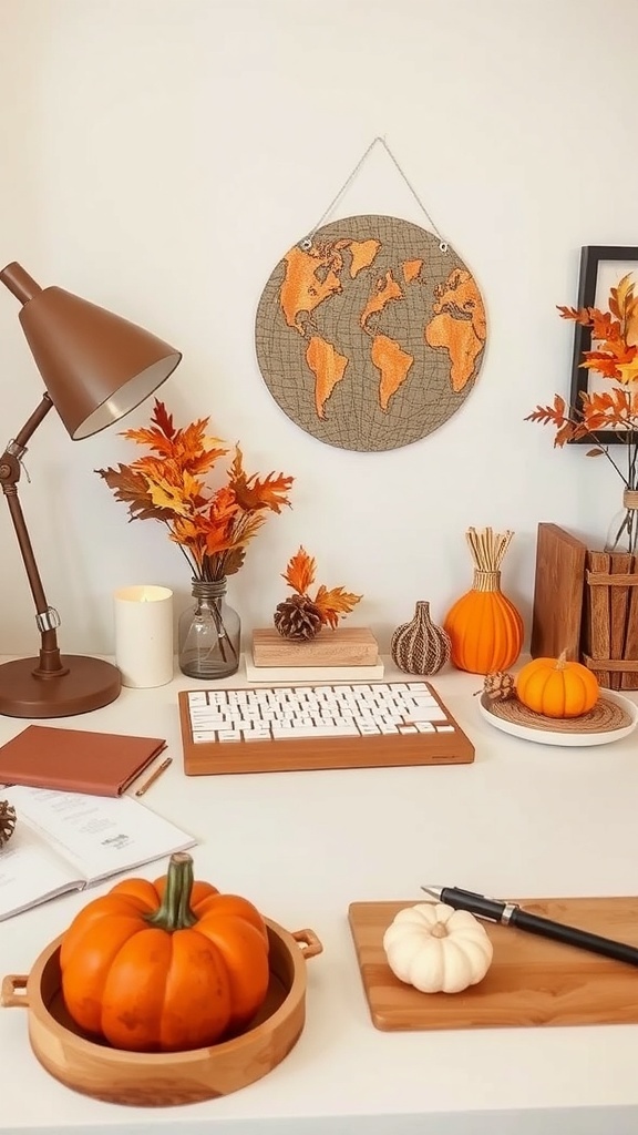 A cozy autumn-themed home office with warm colors, featuring a computer, decorative leaves, and a small pumpkin.