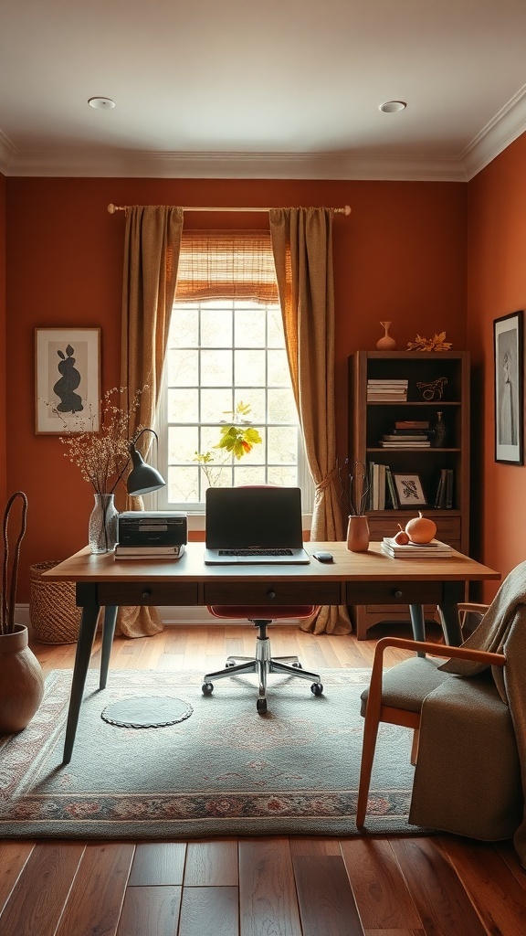 A cozy home office with warm autumn colors, featuring a wooden desk, a comfortable chair, and natural light.