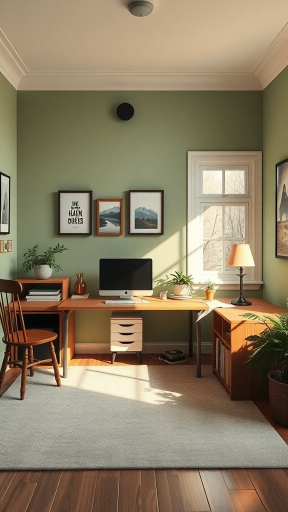 Cozy home office with sage green walls, wooden furniture, and natural light.