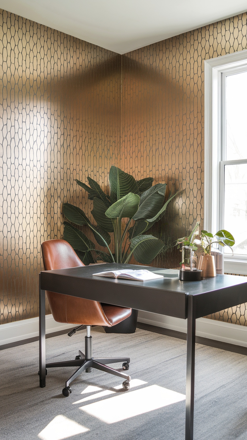 A modern home office with sleek metallic wallpaper, a brown chair, and plants.