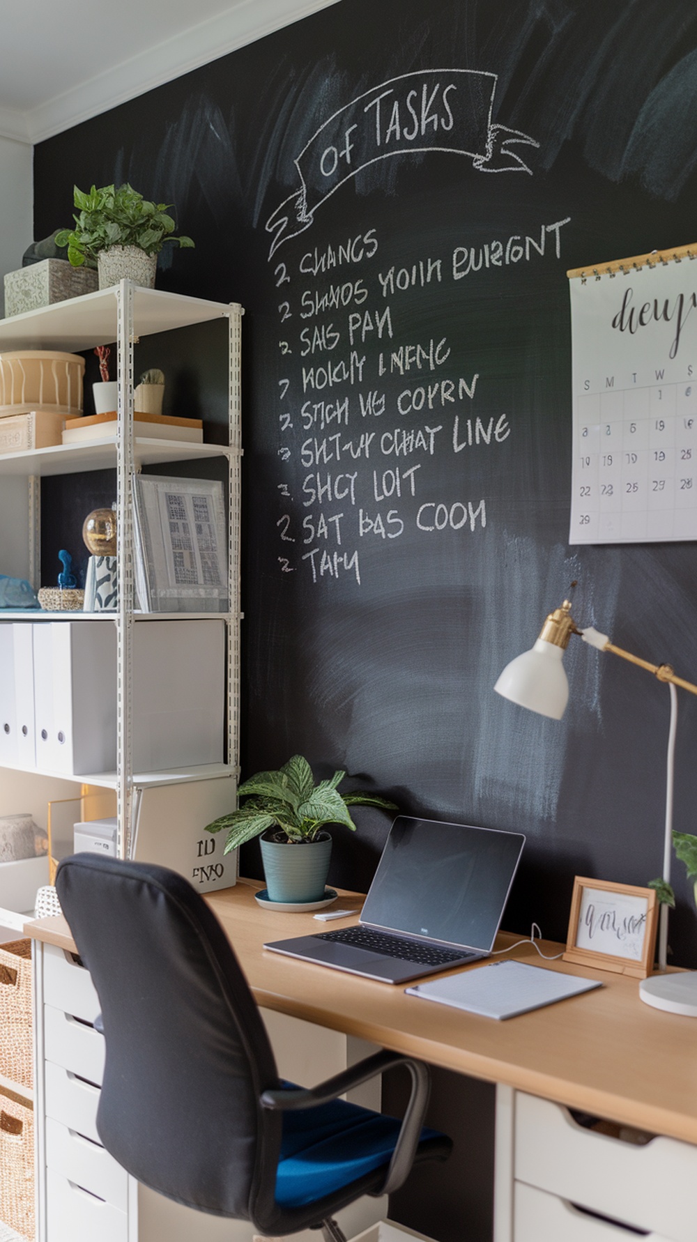 A home office with a chalkboard wall displaying tasks, a desk with a laptop, and decorative plants.