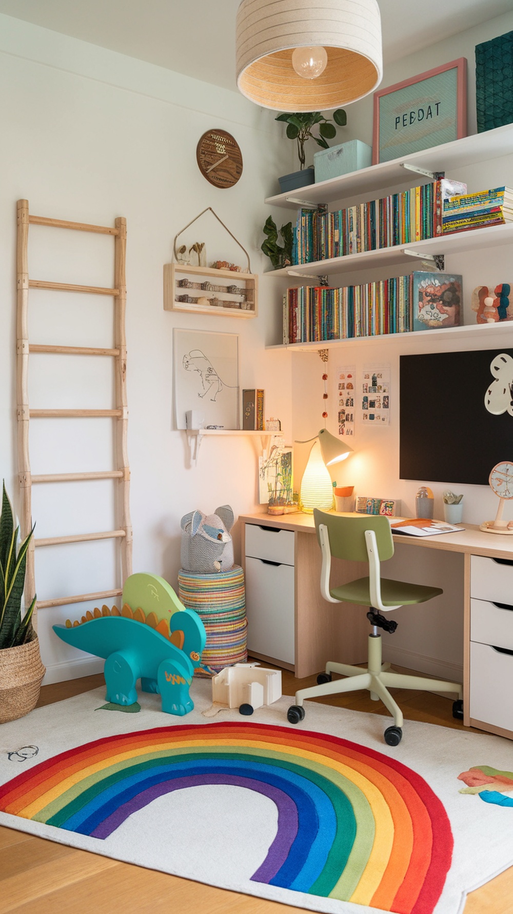 A colorful kids' study space featuring a rainbow rug, a desk with a lamp, shelves filled with books, and playful decor.