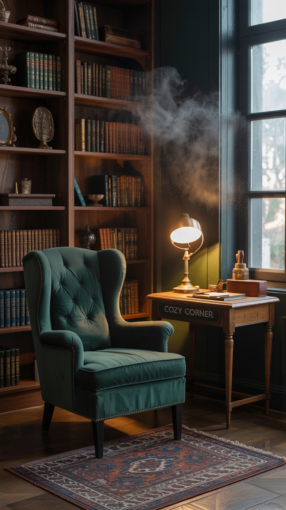 A cozy reading nook workspace featuring a plush green armchair, a stylish lamp, and bookshelves filled with books.