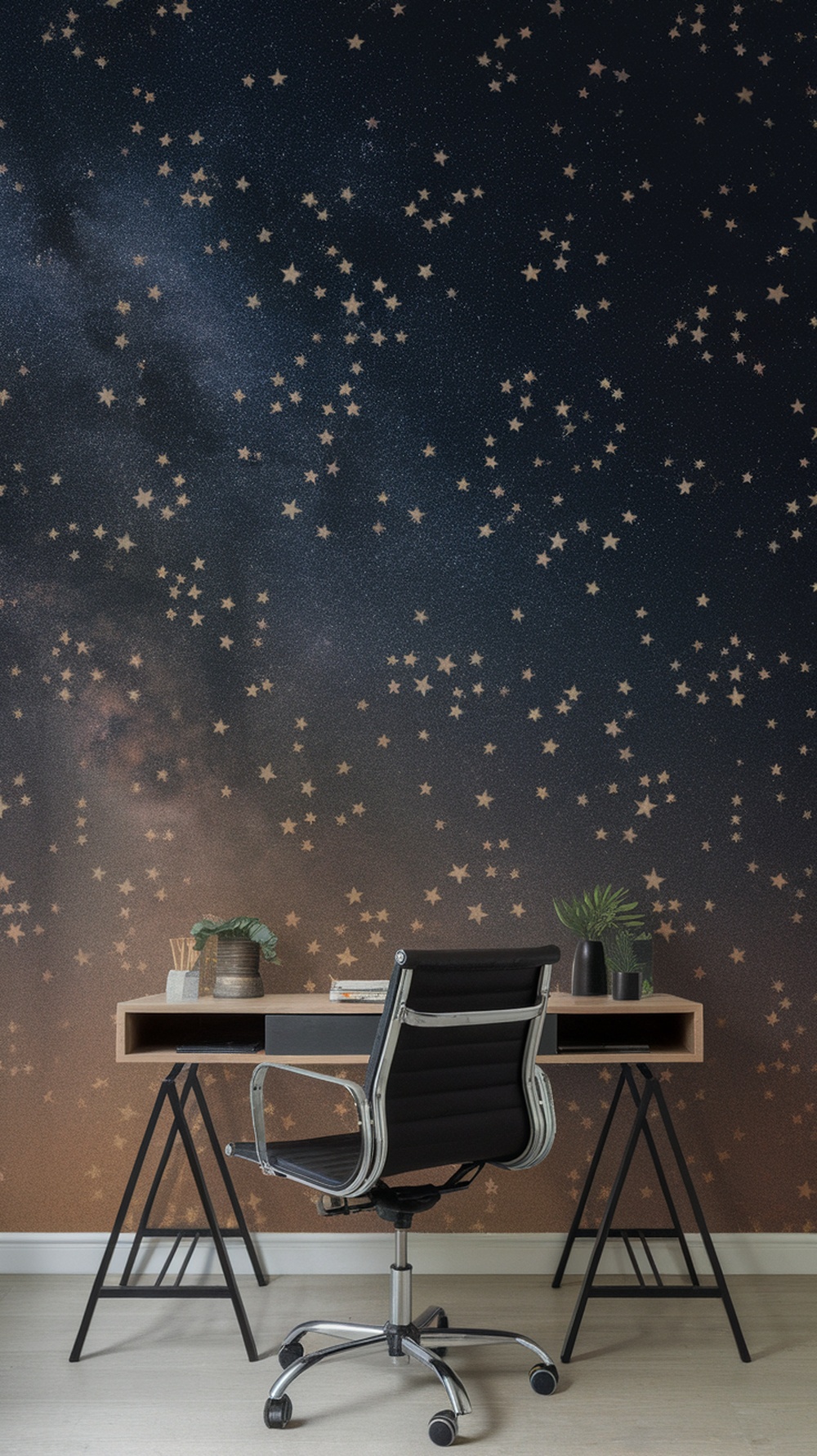 A home office with a celestial star wallpaper background, featuring a desk and chair.