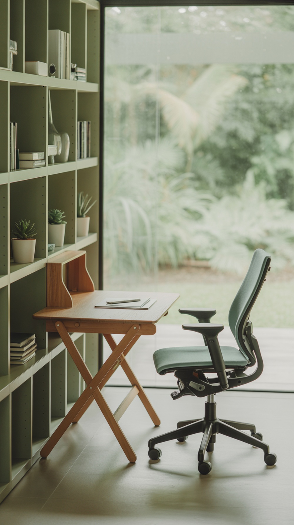 A minimalist home office setup featuring a wooden desk, ergonomic chair, and green shelving with plants and books.