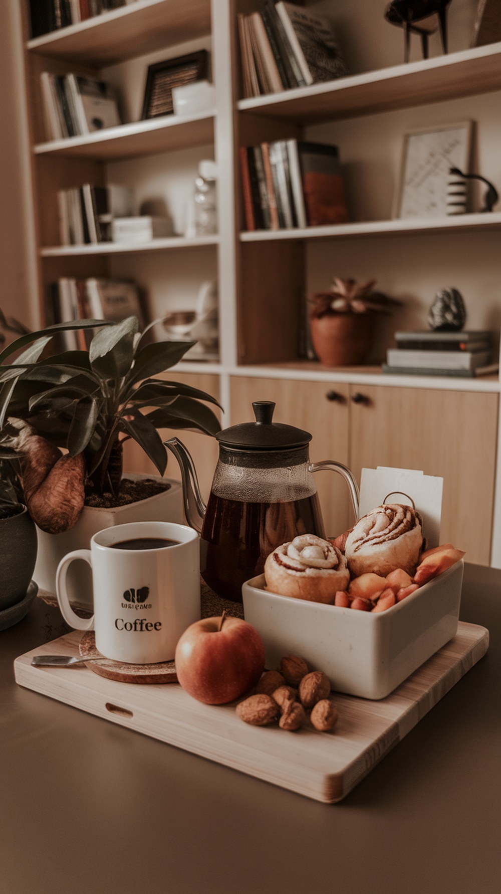 A warm beverage station featuring small pumpkins, mugs, and snacks, creating a cozy autumn aesthetic.