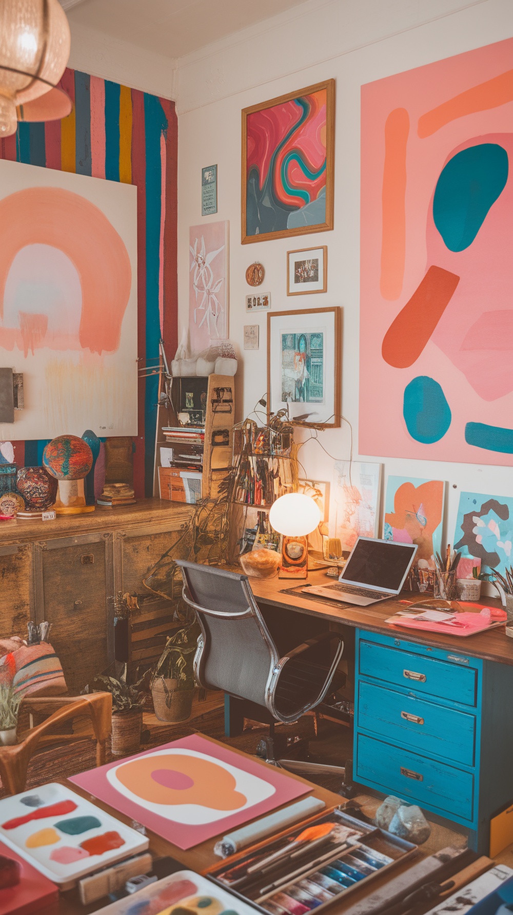 A colorful home office with vibrant wall art, a stylish desk, and art supplies.