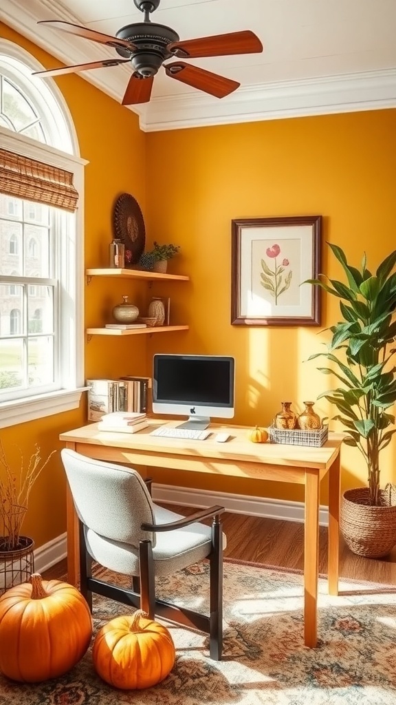 A cozy home office with ochre yellow walls, a wooden desk, a computer, and autumn decorations including pumpkins.