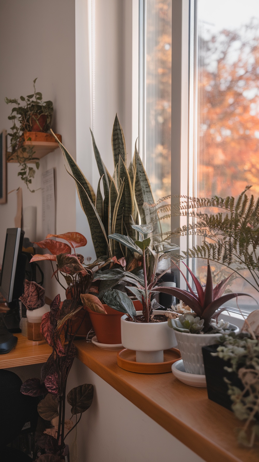 A collection of indoor plants on a windowsill, featuring green leaves and a red flower, with sunlight streaming in.