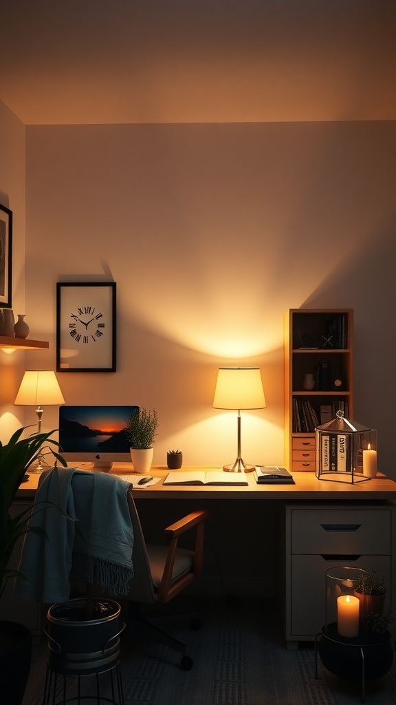 A cozy home office with warm ambient lighting, featuring desk lamps, a plant, and candles.