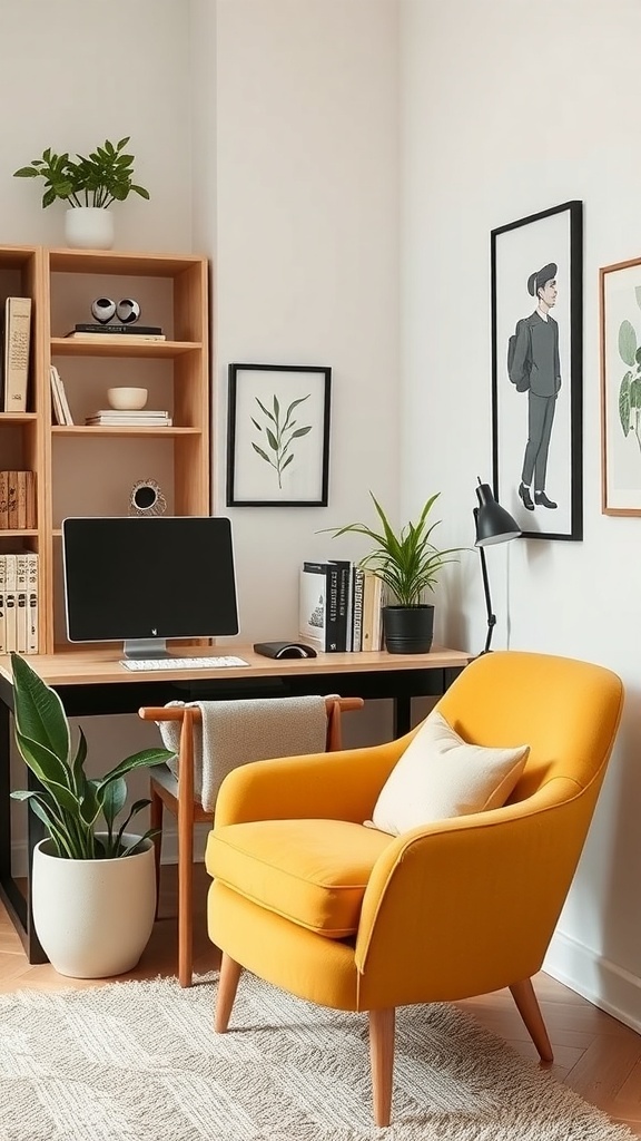 A cozy home office featuring a soft mustard yellow chair, wooden desk, and plants.