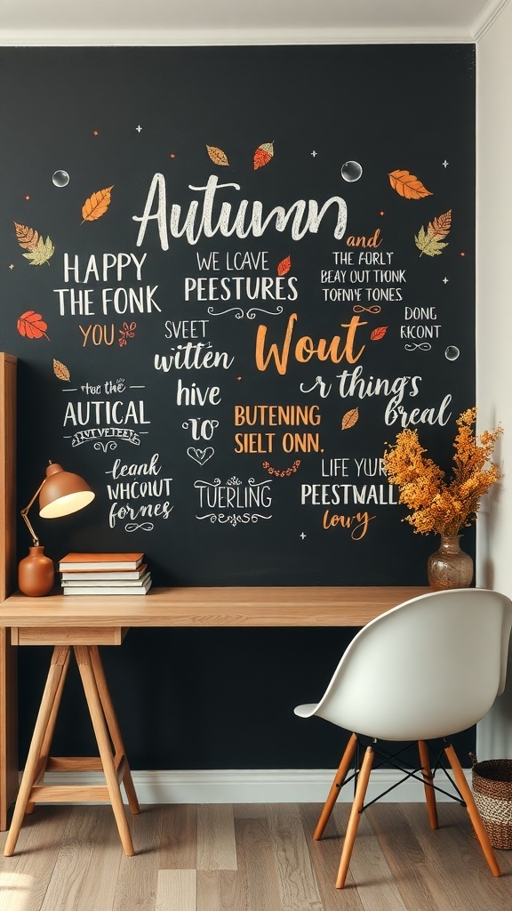 Chalkboard with autumn quotes and colorful leaves in a cozy home office setting.