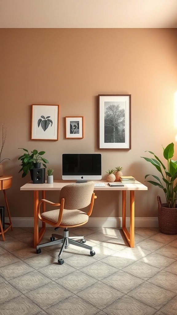 A cozy home office with warm taupe walls, wooden furniture, and green plants.