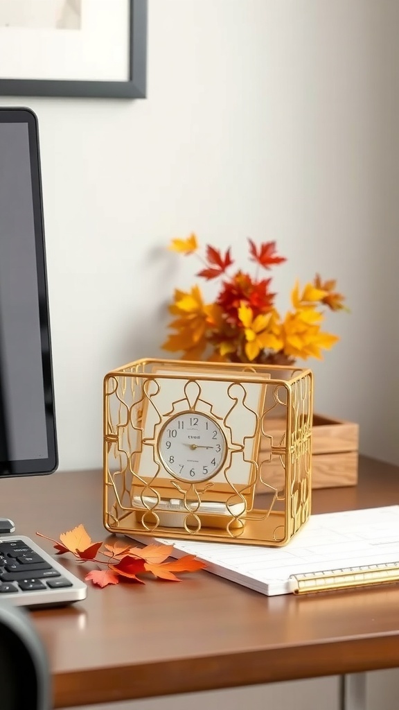 A warm gold desk organizer with a clock and autumn leaves on a wooden desk