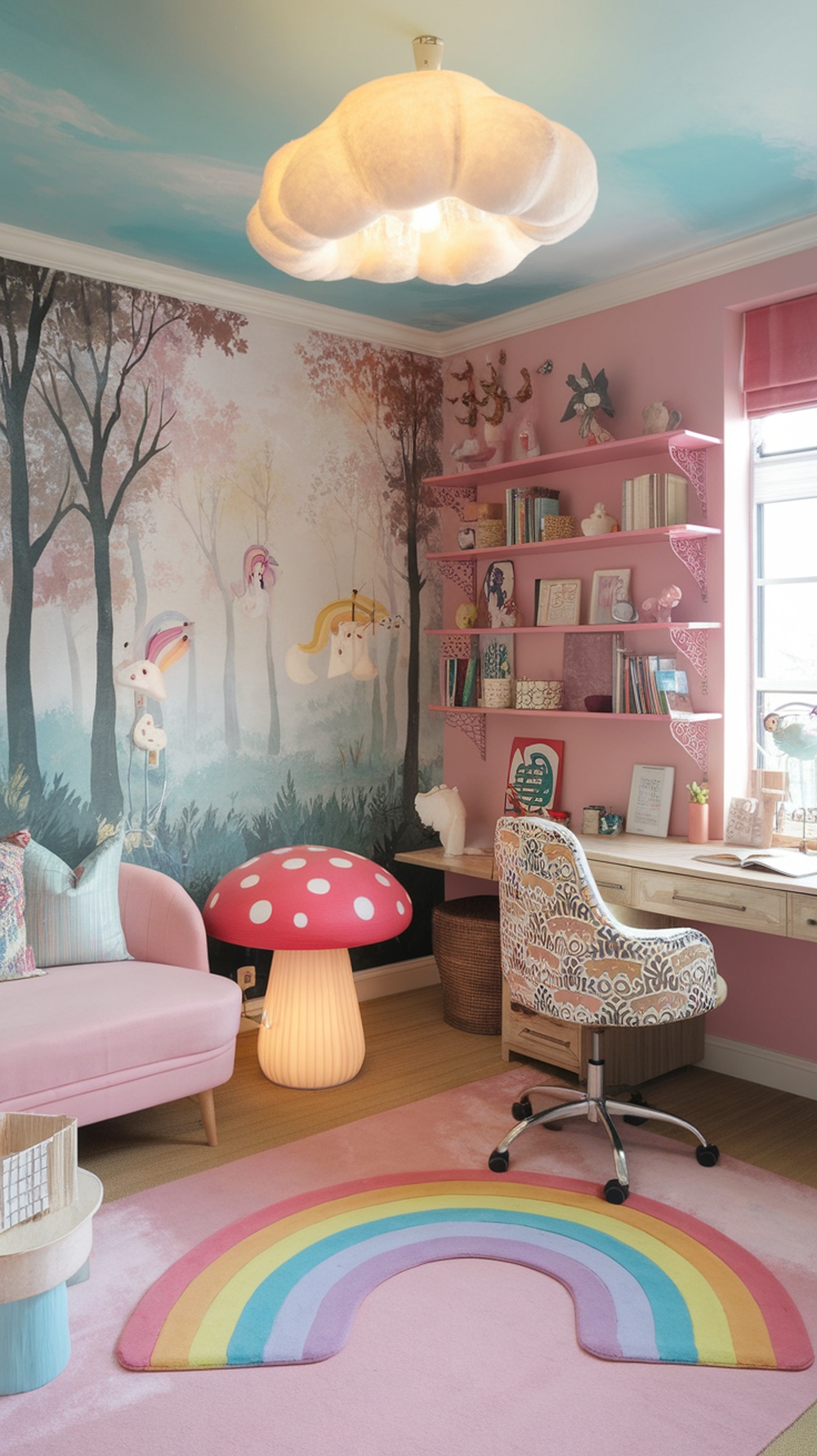 A whimsical small home office with pink walls, a mushroom lamp, rainbow rug, and playful decor.