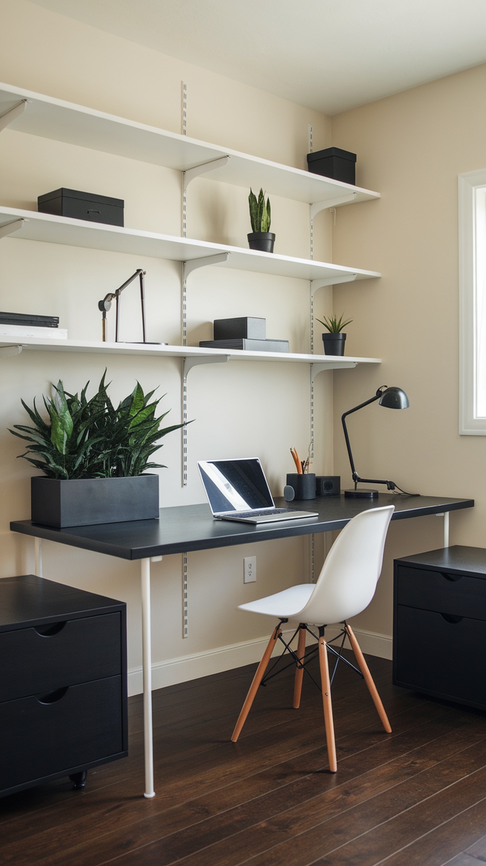 A minimalist workspace featuring a black desk, laptop, and plants, with a monochrome color scheme.