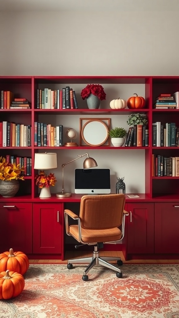 A home office featuring deep red bookshelves filled with books, decorative pumpkins, and a cozy chair.