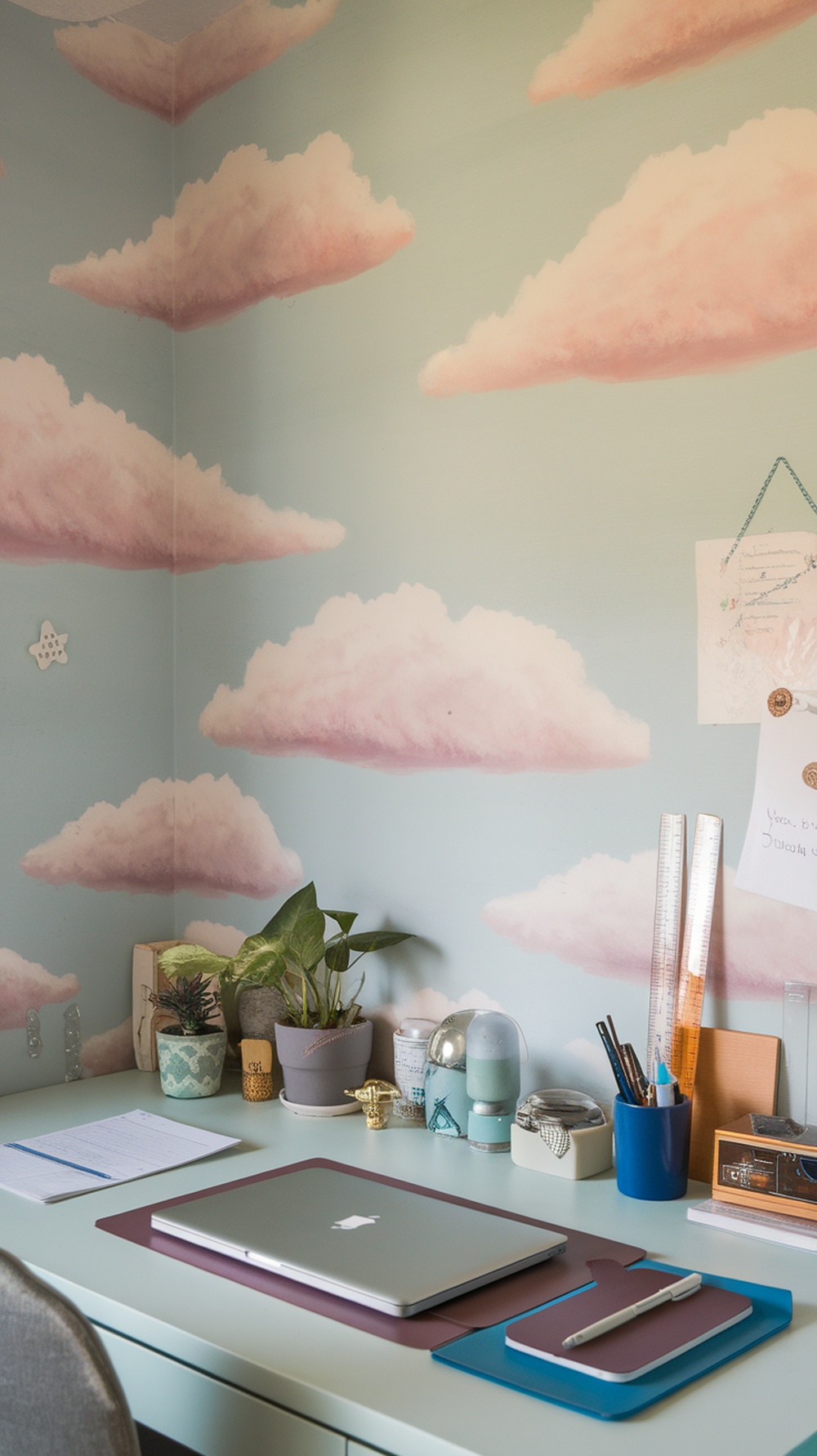 A home office with whimsical clouds wallpaper, featuring a desk with plants and stationery.