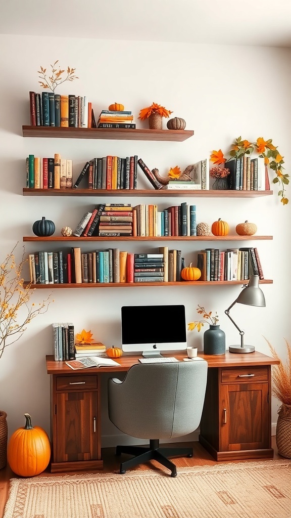 A cozy home office with wall shelves filled with books and autumn decorations, including pumpkins and leaves.