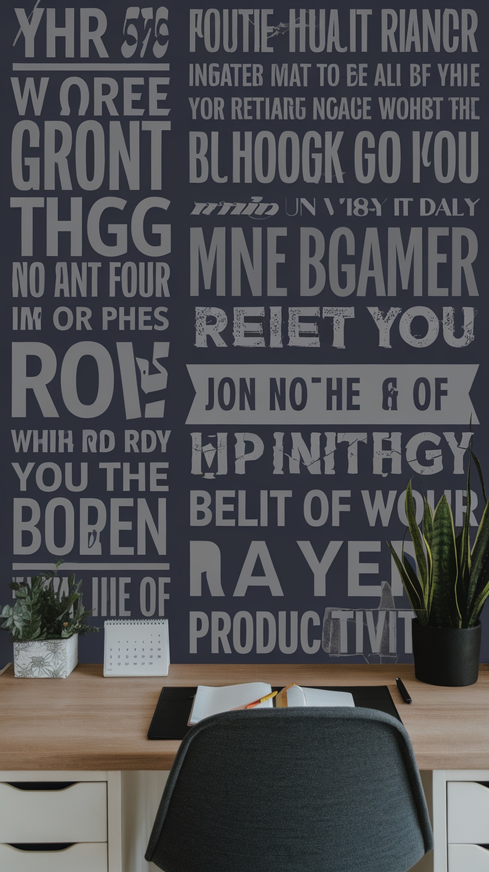 Dark wallpaper with bold typography in a home office setting