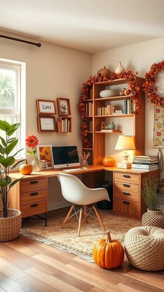 A cozy autumn-themed home office with warm colors, pumpkins, and plants.