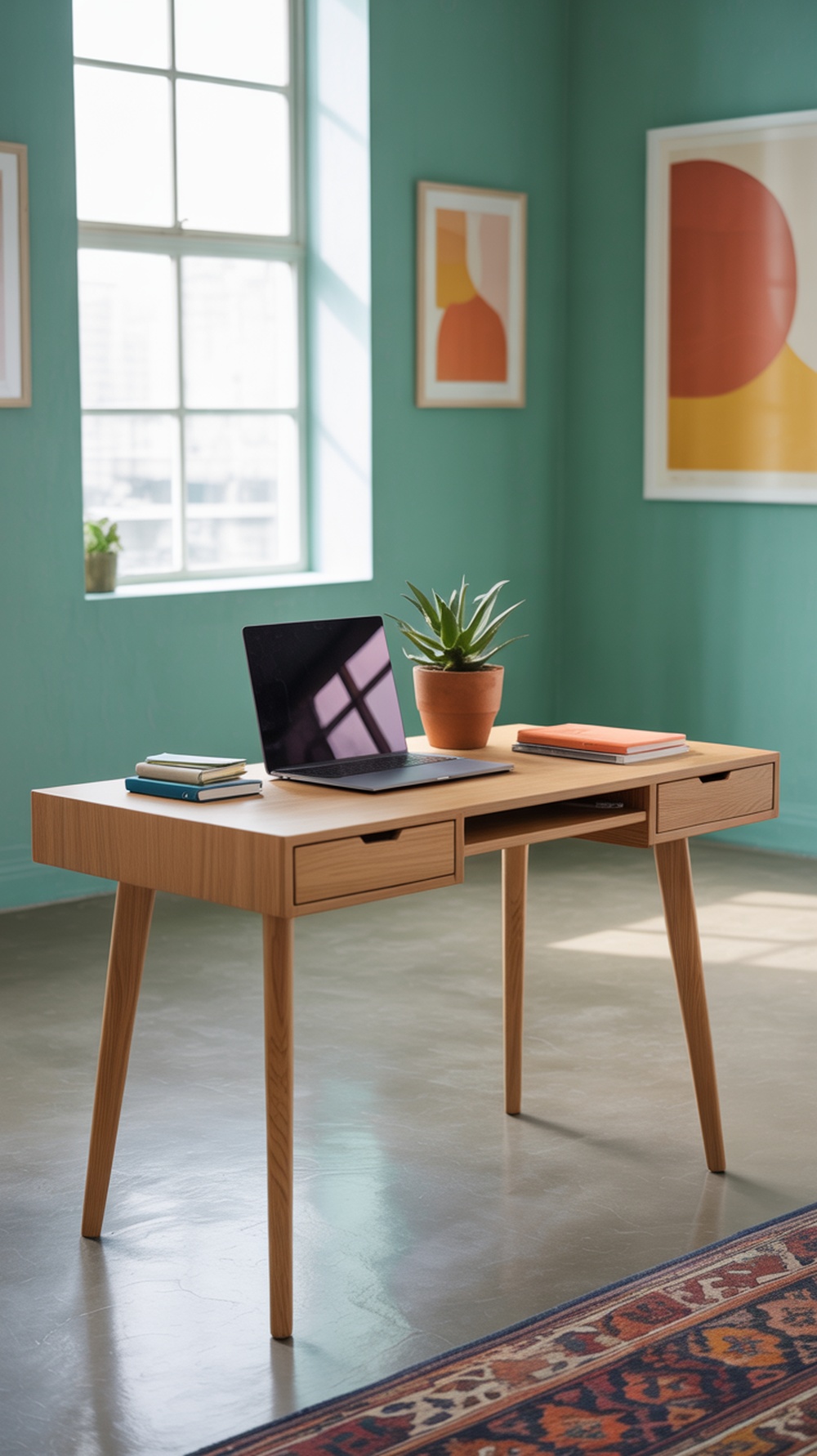 A modern home office setup featuring a wooden desk, laptop, and potted plant against a teal wall.