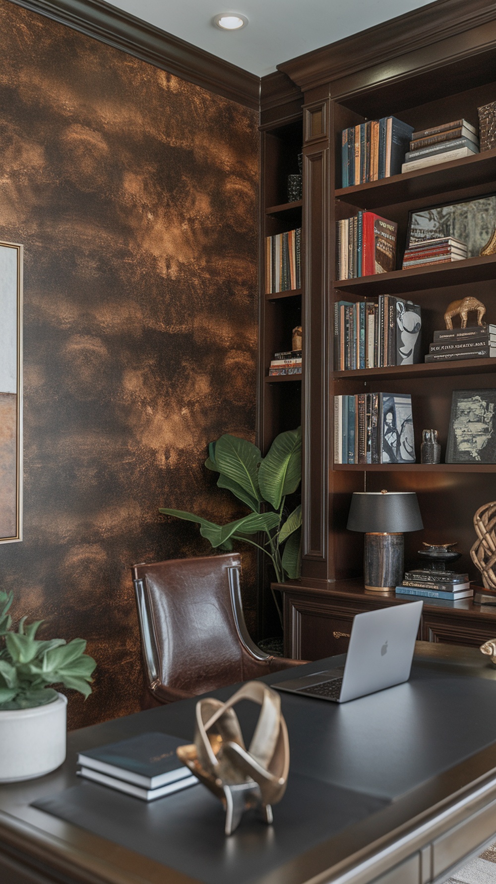 A home office featuring faux leather textured wallpaper, wooden furniture, and a cozy atmosphere.