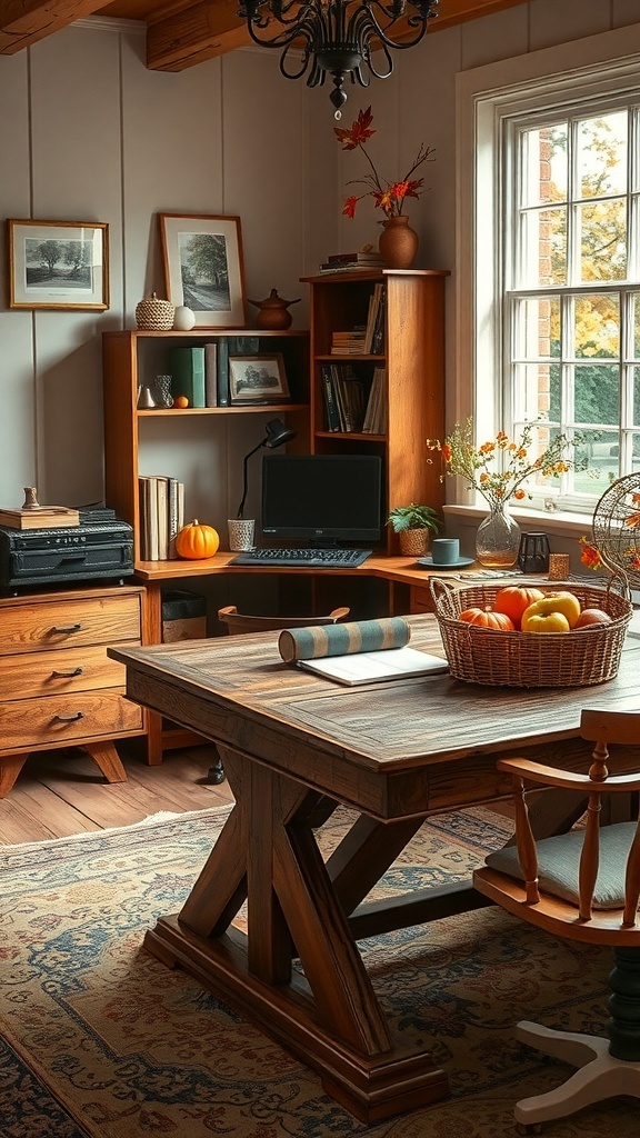 A cozy home office featuring a rustic wood table, warm autumn decor, and a basket of apples.