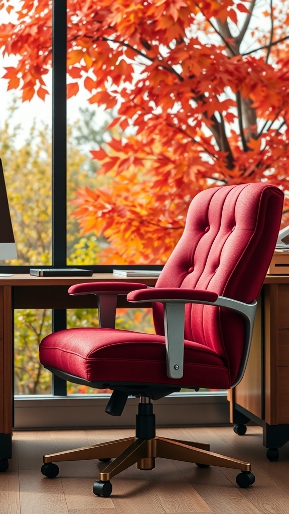 A plush burgundy chair in a home office setting with autumn foliage visible through the window.