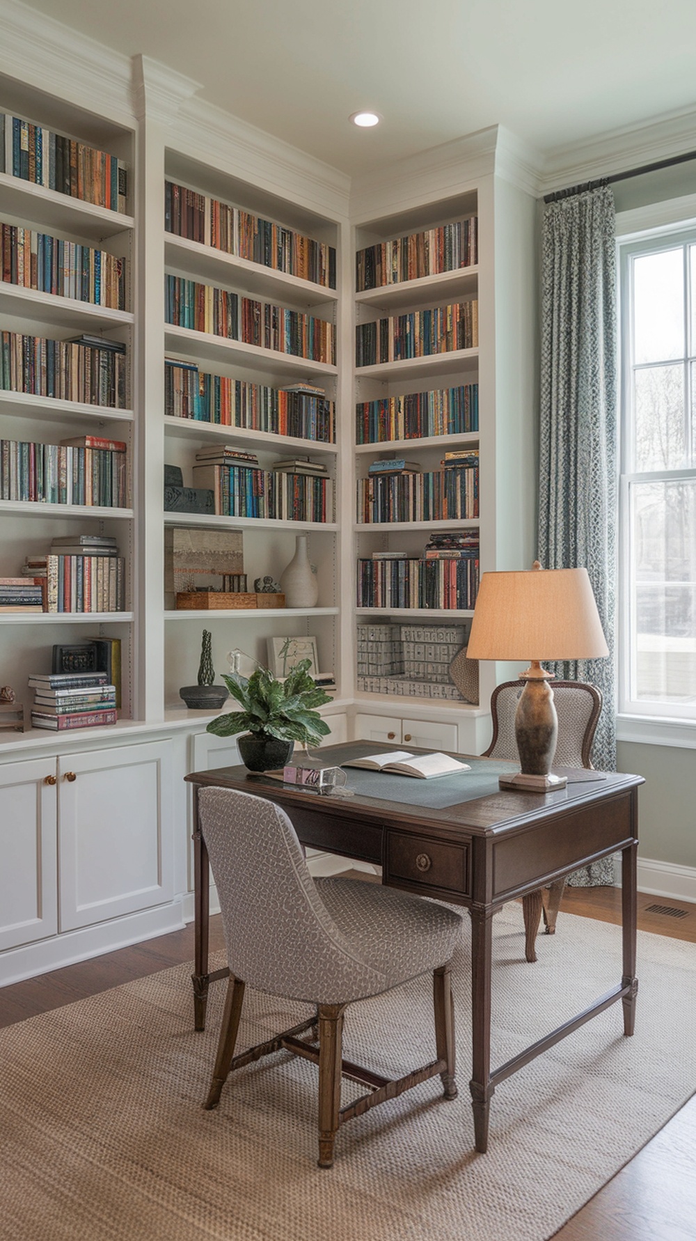 Cozy library office with built-in bookshelves, a classic desk, and a soft lamp.