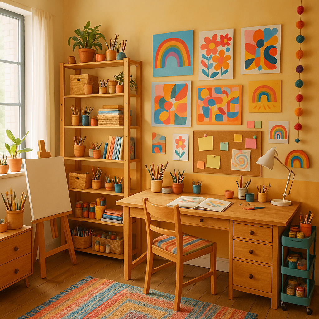 A creative studio filled with art supplies, colorful artwork on the walls, and a cozy workspace.