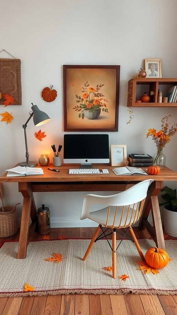 A rustic wooden desk setup with autumn decorations, including pumpkins and leaves, creating a cozy atmosphere.
