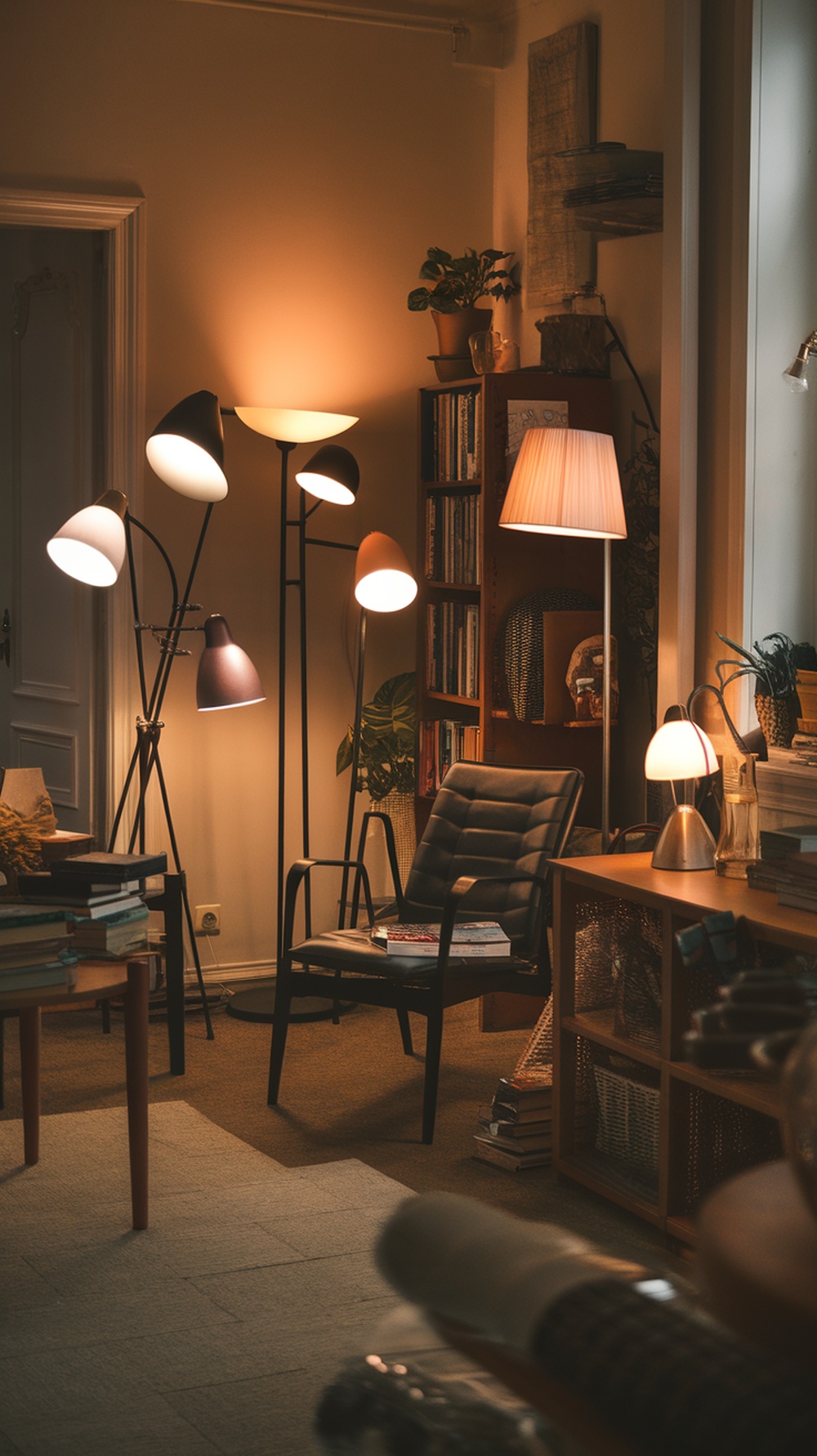 A cozy home office with layered lighting options, featuring a floor lamp, desk lamp, and warm light.
