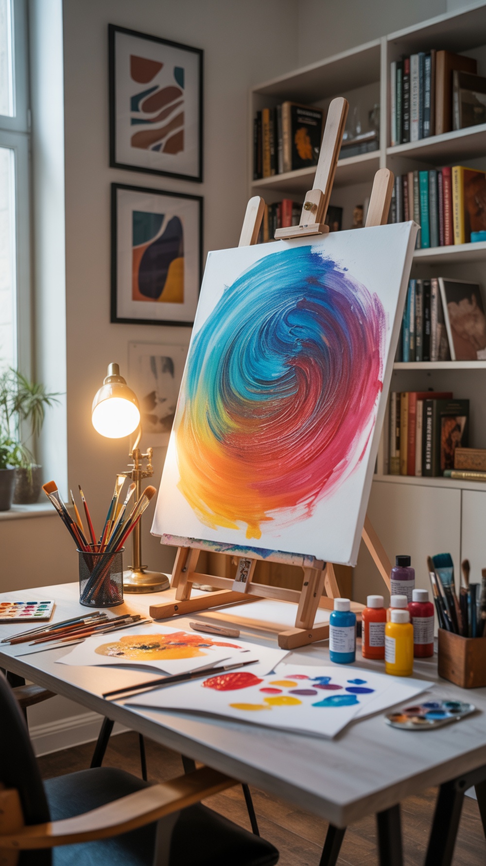 A colorful artistic workspace featuring an easel, paints, and art supplies.