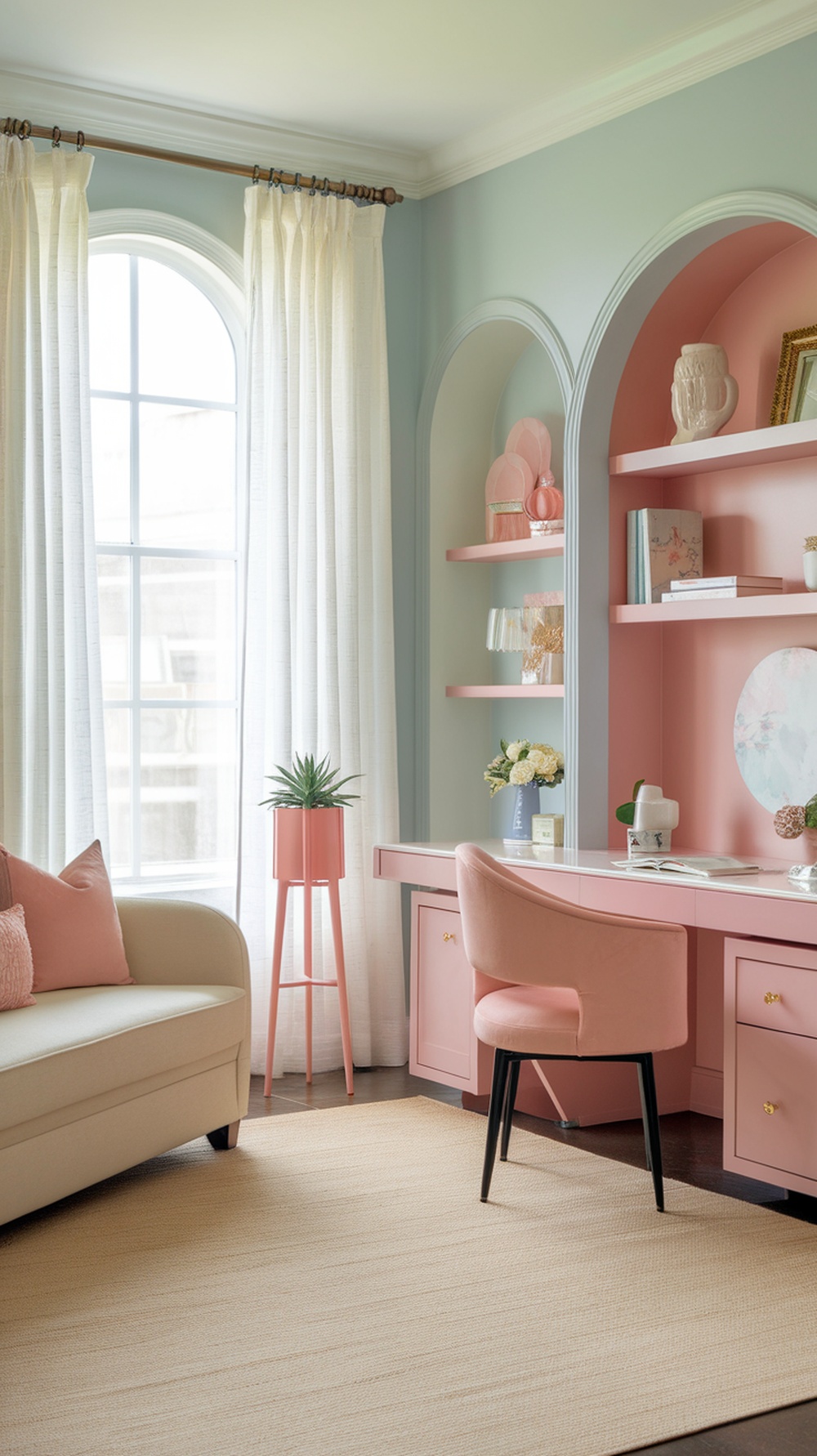 A small home office featuring soft pastel colors, a pink desk, and decorative shelves.