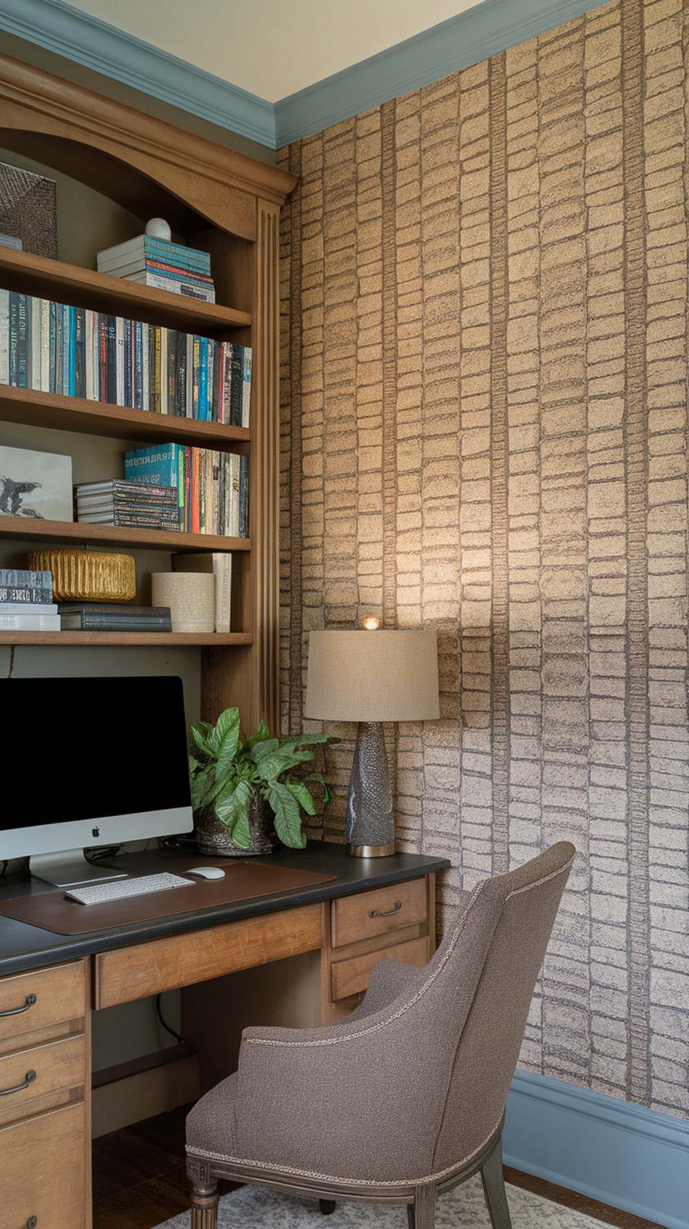 A cozy home office with textured fabric wallpaper, wooden furniture, and a plant.