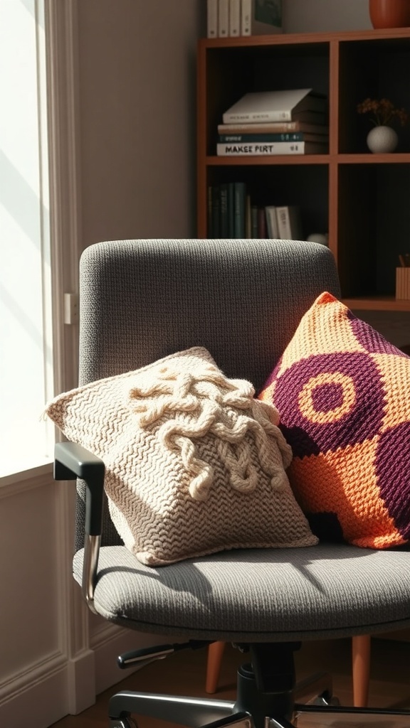 A cozy office chair with two knitted pillows, one with a textured design and the other with a geometric pattern.
