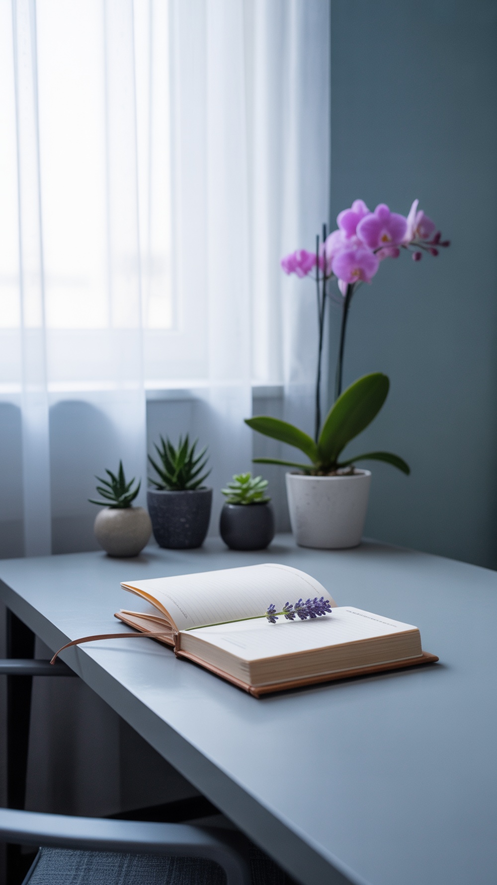 A minimalist desk with an open notebook and lavender sprig, surrounded by potted plants, creating a serene workspace.