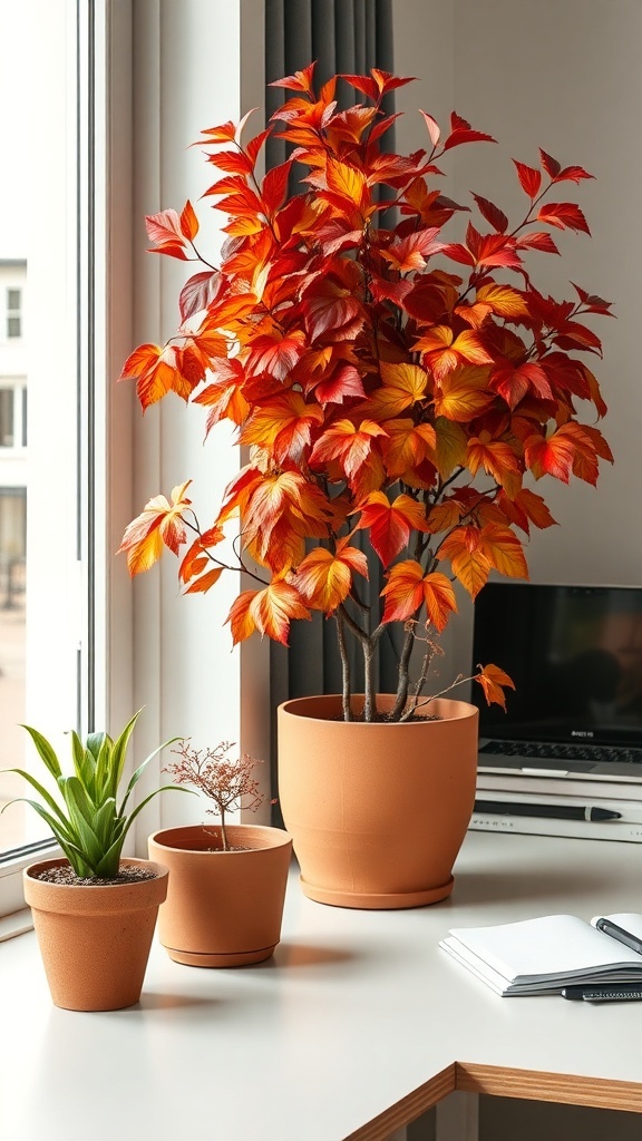 A cozy home office setup featuring terracotta plant pots with vibrant autumn leaves and greenery.