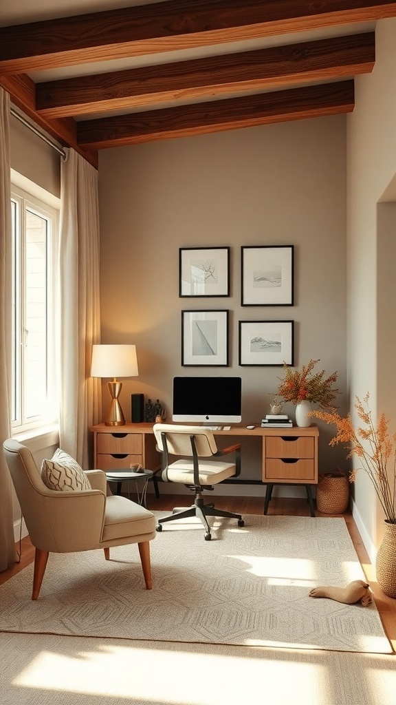A cozy home office featuring soft beige accents, wooden furniture, and warm autumn tones.