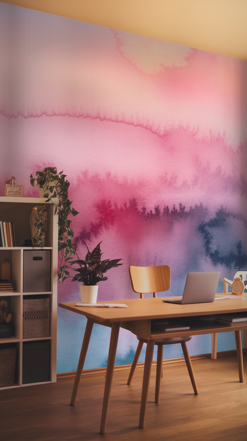 A soft watercolor wallpaper in a home office setting, featuring pastel pink and blue hues.