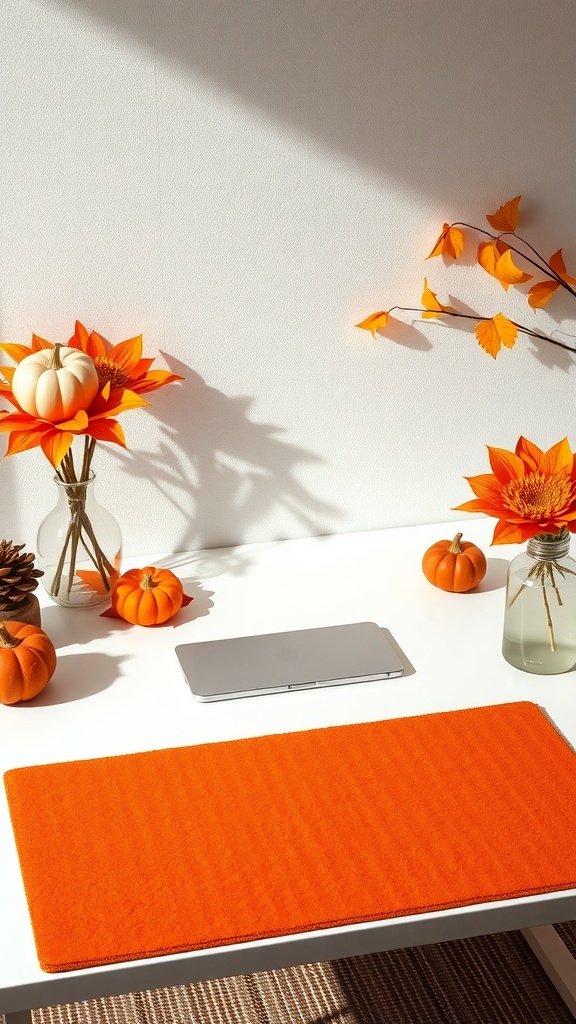 A vibrant burnt orange desk mat on a white desk, surrounded by autumn decorations including pumpkins and flowers.