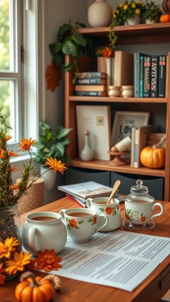 A cozy herbal tea station with decorative tea pots, cups, and autumn decorations in a home office setting.