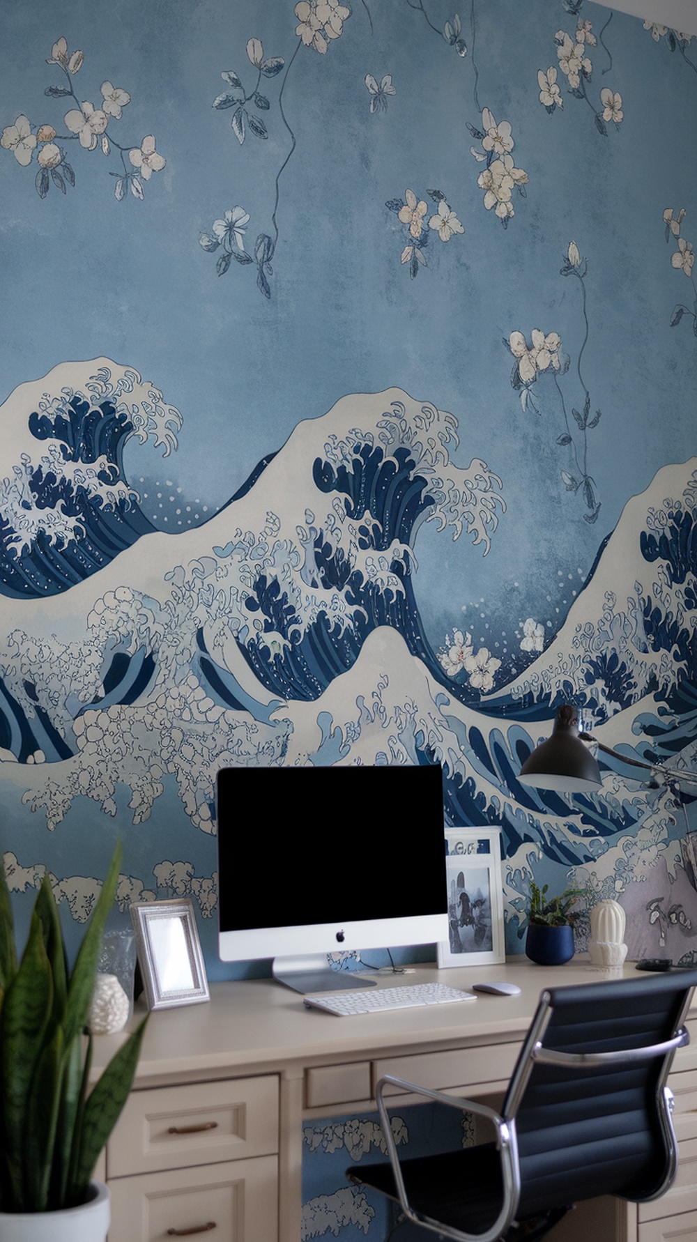 A home office with calming blue waves wallpaper, featuring floral accents and a modern desk setup.