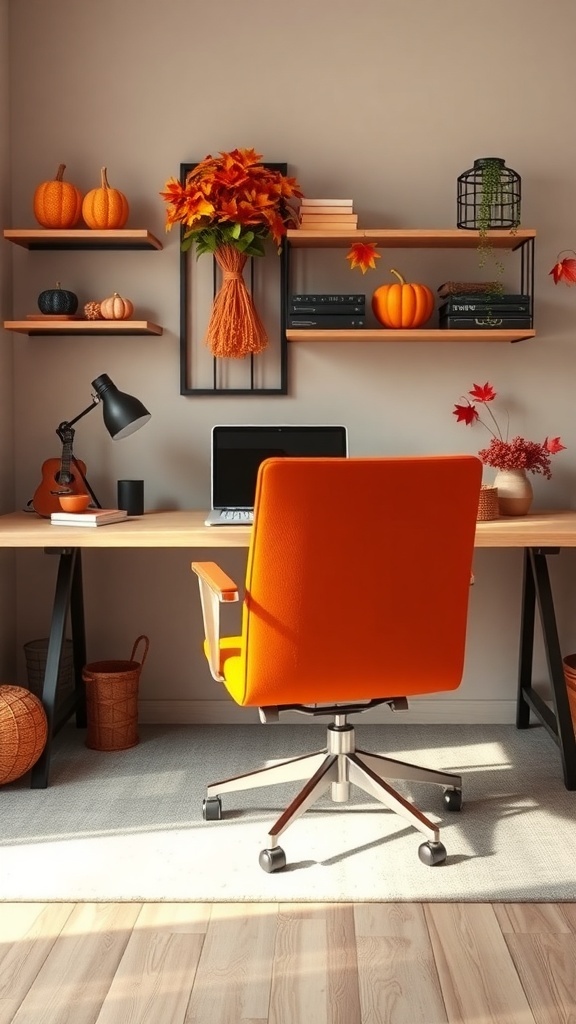 A vibrant deep orange desk chair in a cozy home office setting with autumn decor.