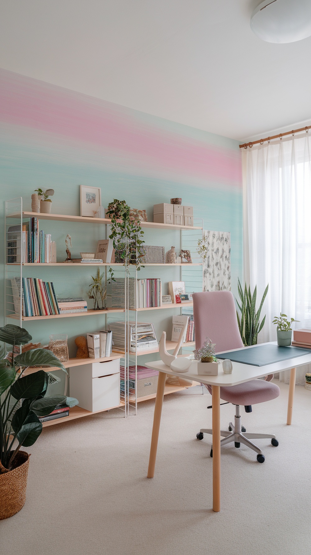 A home office with pastel gradient wallpaper, featuring a desk, chair, and bookshelves filled with books and plants.