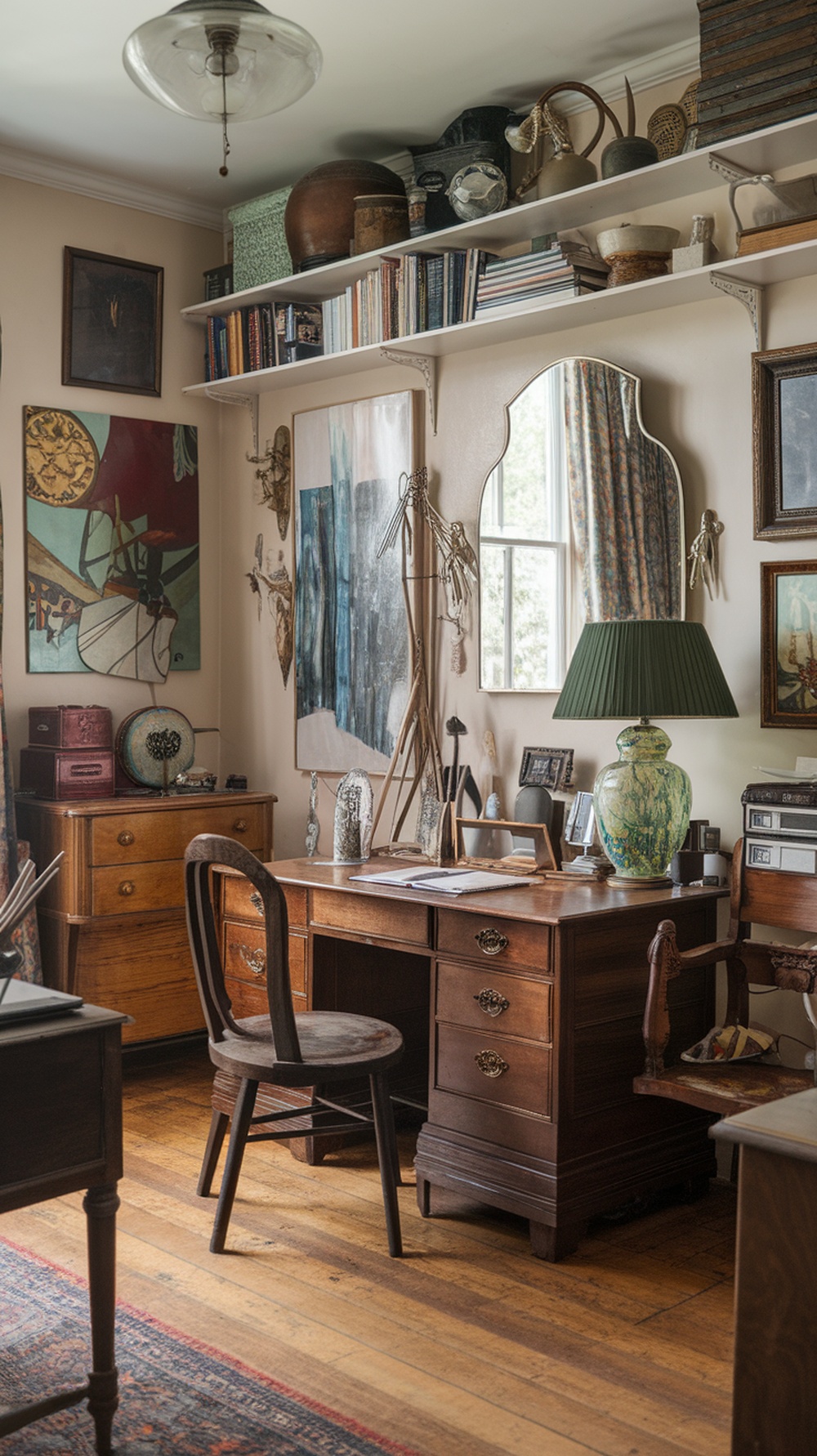 A vintage home office with wooden furniture, eclectic accessories, and colorful artwork.